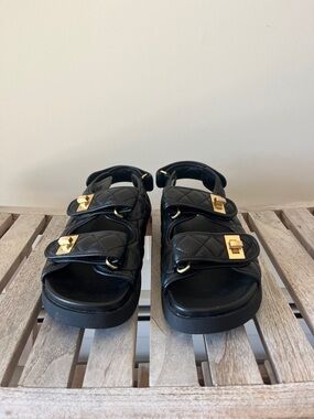 Dune London Quilted Black Sandals | Gold Hardware | Size 10 / EU 41